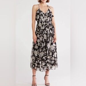 Joie NWT Lyall Silk Chiffon Midi Dress Black Floral Halter Style Tassels XL